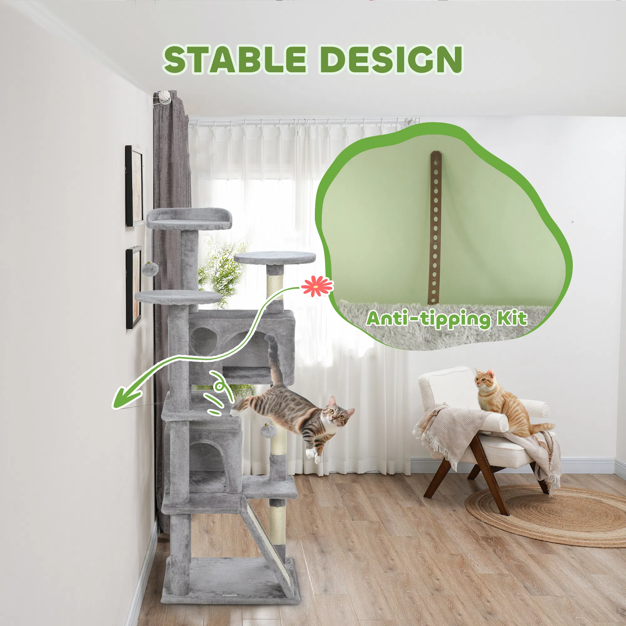 54" Cat Tree, Multi-Level Cat Tower with Scratching Posts, Cat Condos, Bed, Platforms, Ramp, Toy Ball, Light Grey — image 6