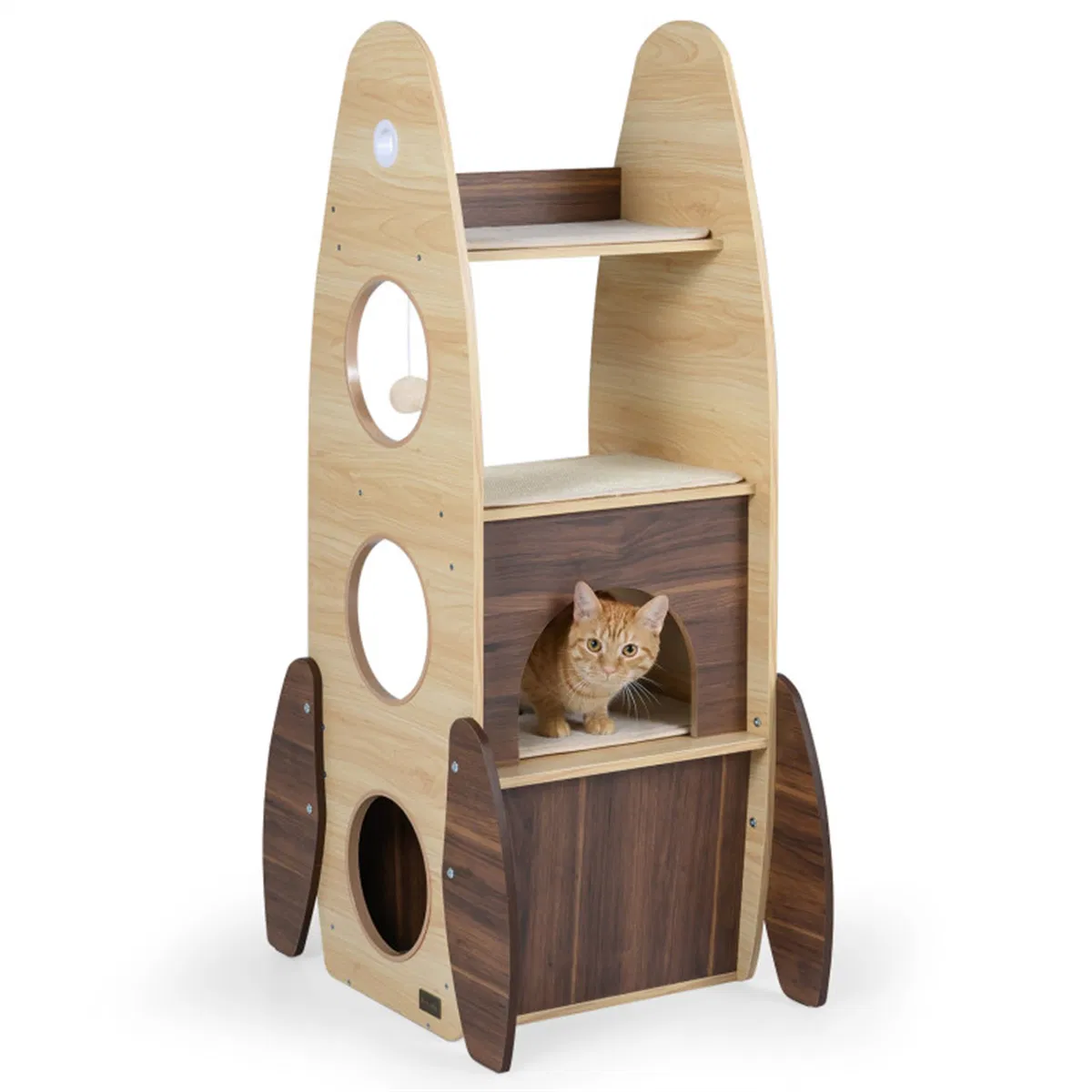 4-Tier Rocket Shape Cat Tree with 2-Tier Condo Sisal Scratch Pad Hanging Pompom Natural+White — image 1