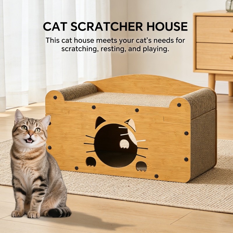 Sofá Rascador para Gatos en Forma de Bigotes, Cama de Madera con Rascador Superior y Espacio Privado Inferior, Cuidado de Uñas y Juguete para Descansar — imagen 5