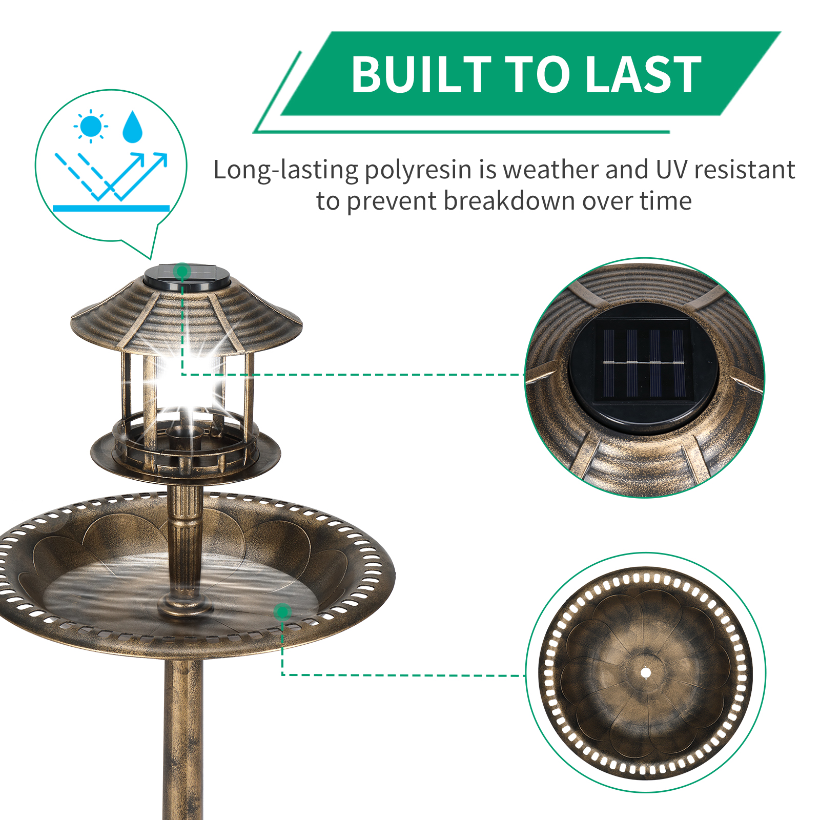 Bronze, With Solar Light, Bird Bath 51x51x106cm Plastic Round — image 6