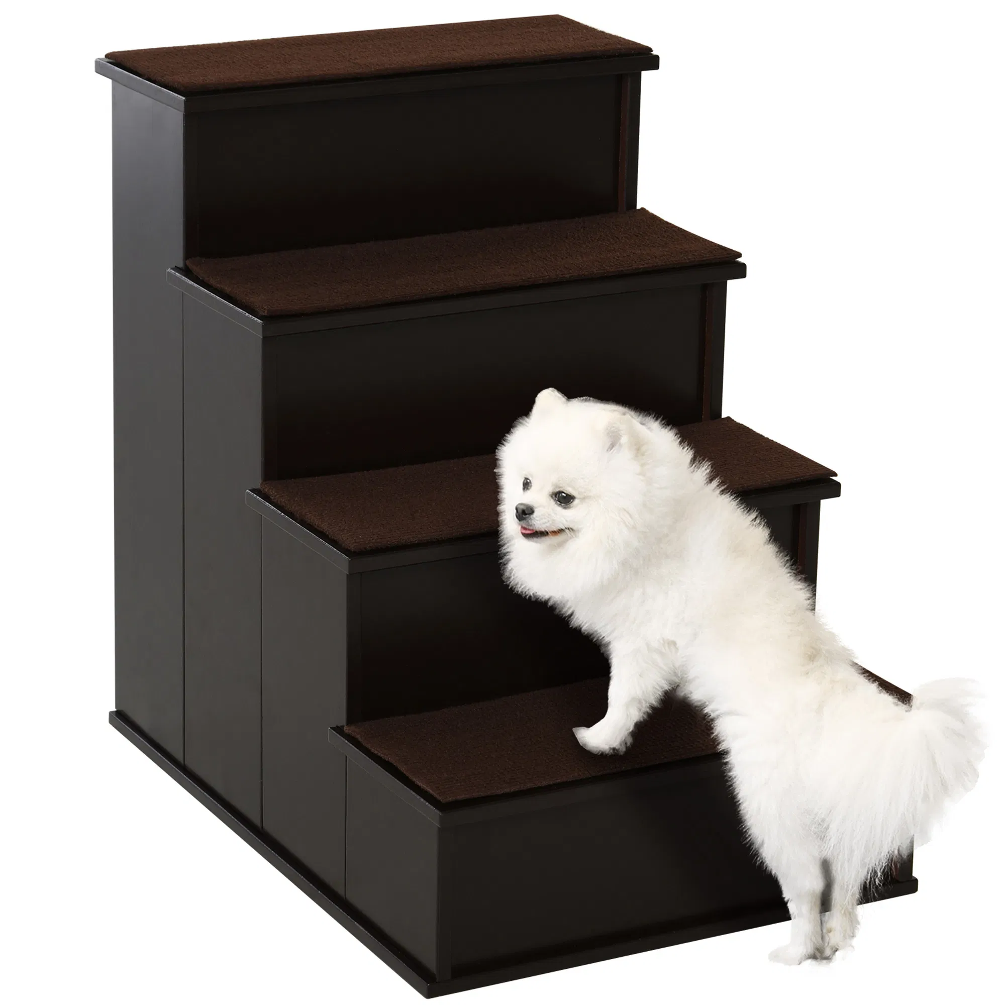 4 Levels Wooden Dog Steps Pet Stairs for High Bed, Cat Ladder for Bed Couch with Non-Slip Carpet, Dark Coffee — image 1