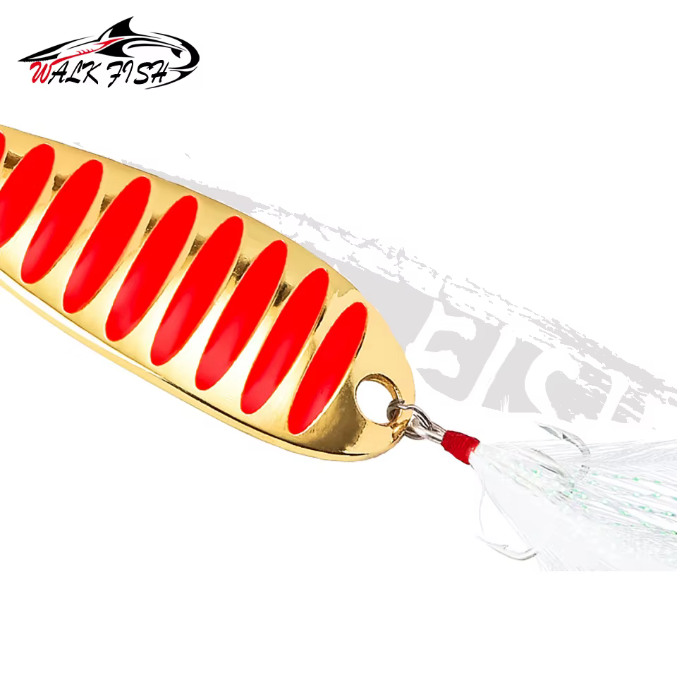 Cuchara de pesca WALK FISH - Linternas de pesca metálicas pesadas 5g/7g/10g/15g/20g/30g en oro y plata con atracones de pluma — imagen 5