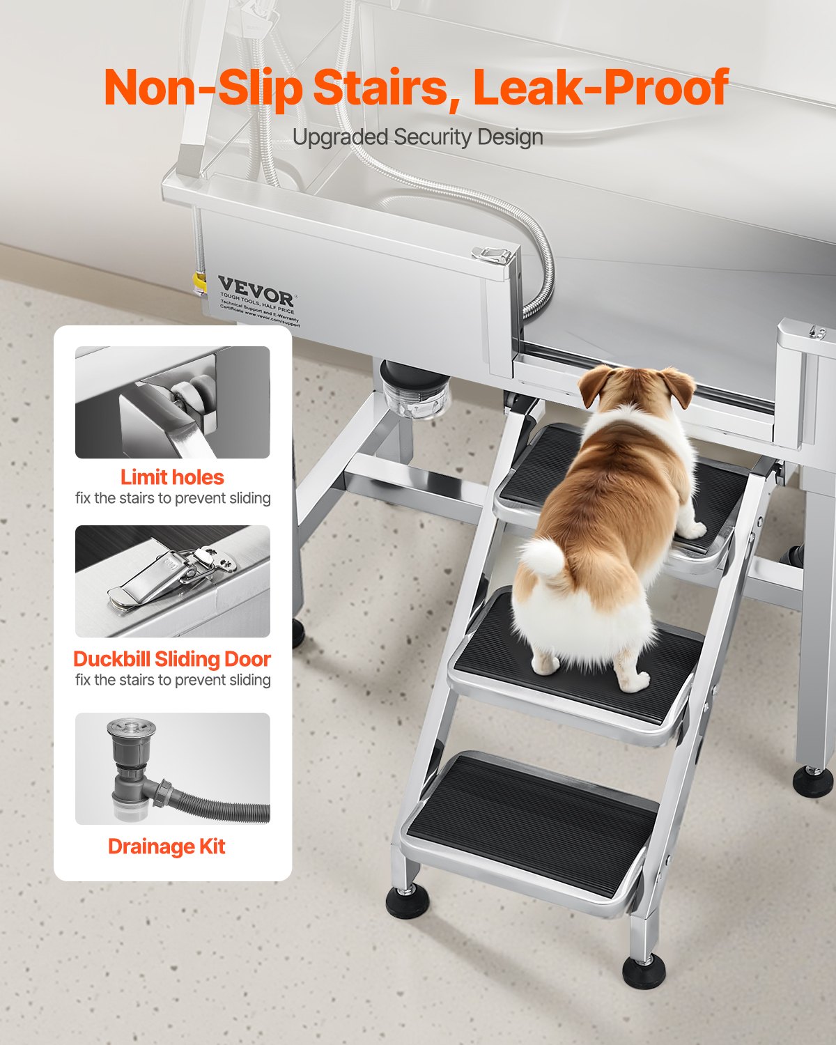 Estación de Lavado para Perros de 34", Tina de Aseo de Acero Inoxidable, Fregadero Profesional para Lavar Perros con Regadera, Grifo, Porta Jabón, Escalera Antideslizante, Diseño de Fácil Limpieza para Mascotas Pequeñas y Gatos (Puerta Derecha) — imagen 5