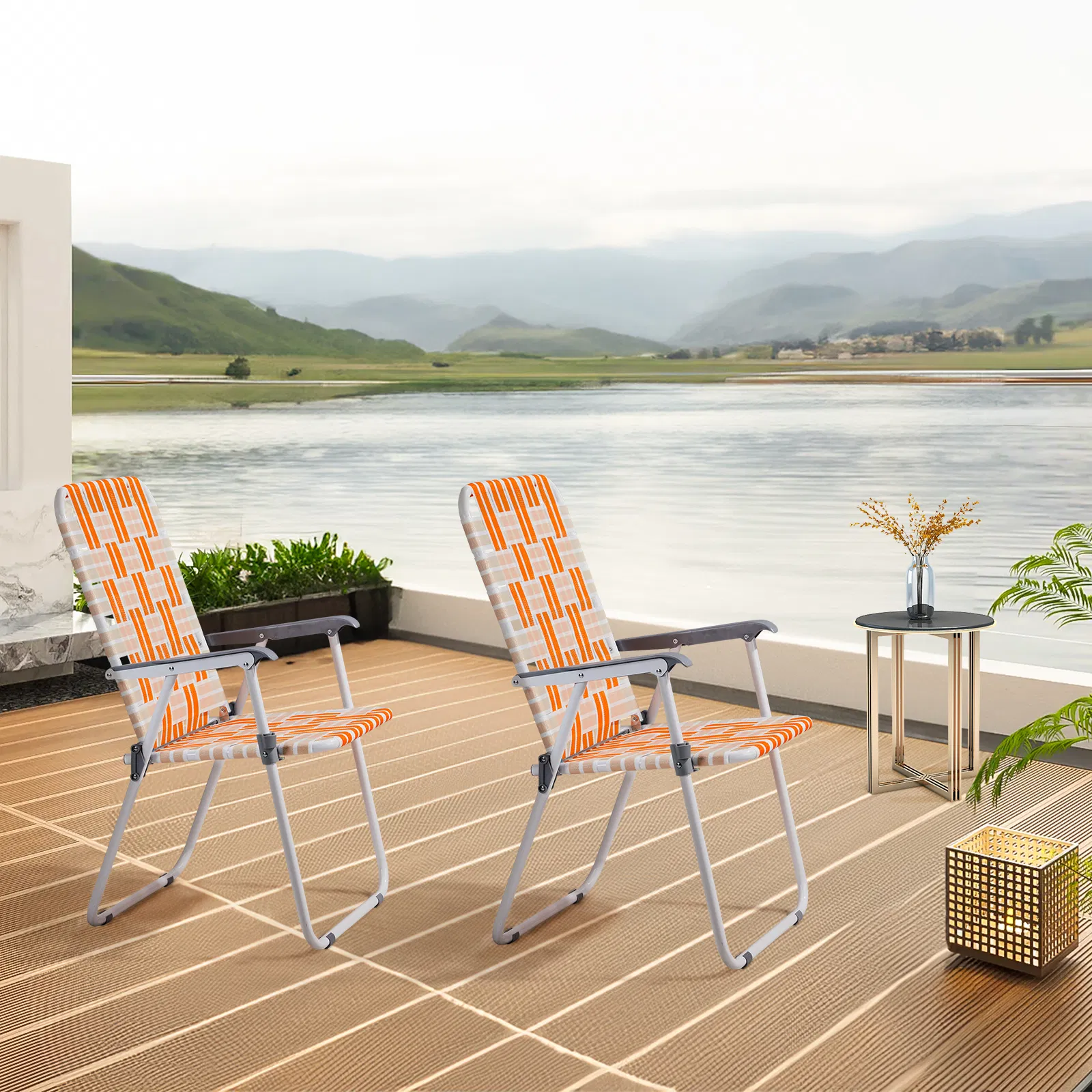 Set of 2 Webbed Folding Beach Chairs, Outdoor Patio Lawn Foldable Chairs for Camping Fishing Yard Poolside BBQ, Orange & White — image 8