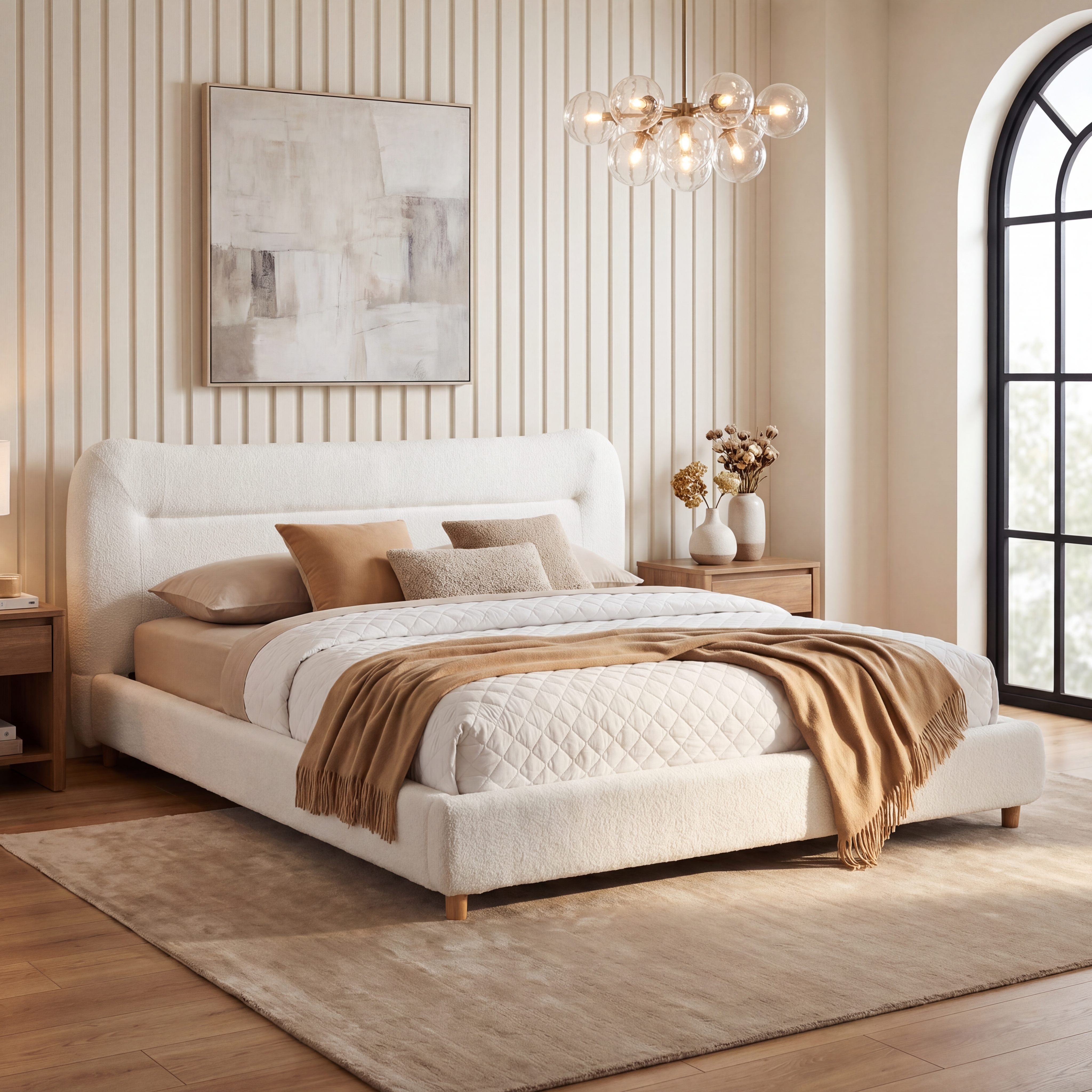 Cabezal de Cama Curvo Minimalista con Oso de Peluche, Reina, Crema — imagen 1