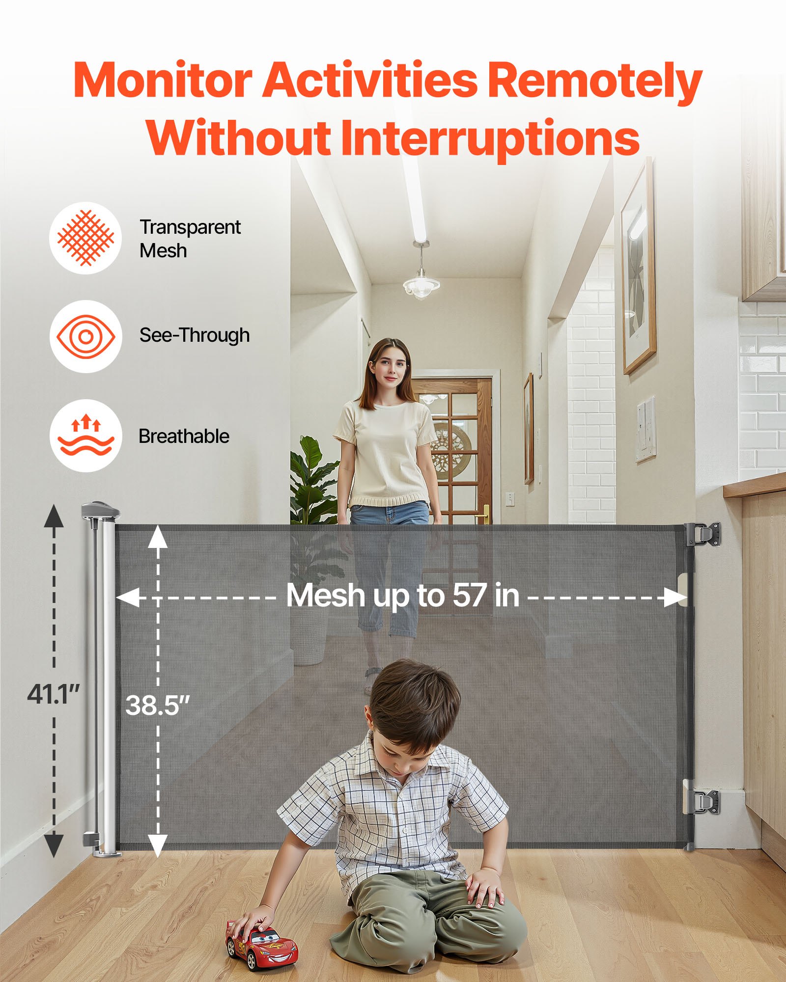 Retractable Baby Gate, Extends To 57 Inch Wide, 38.5 Inch Tall, With Security Lock, Easy To Use, Walk Through Without Tripping, Mesh Dog Gate For Stairs, Hallways, Indoor/Outdoor, Gray — imagen 3