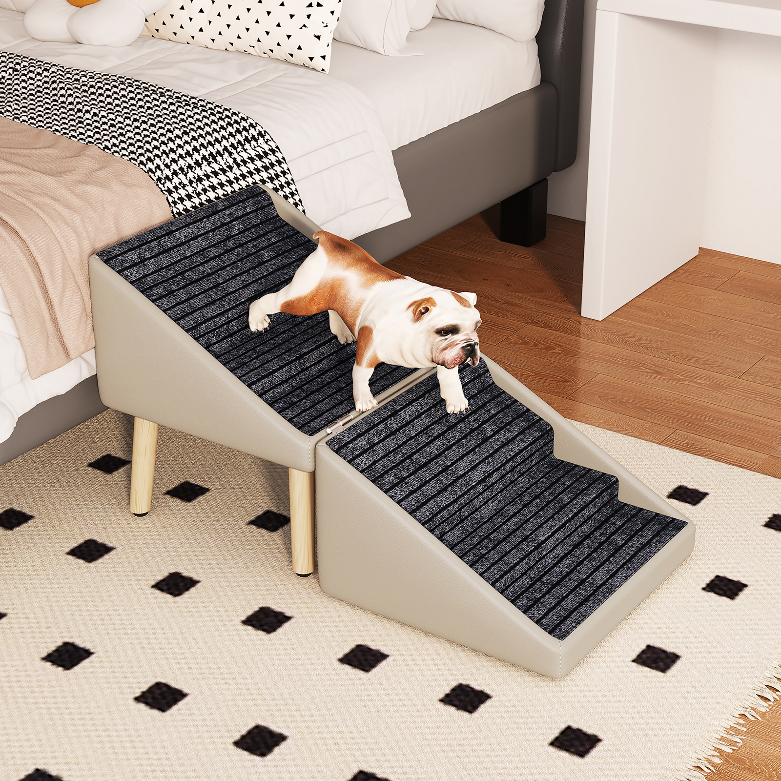 Paso para Perros para Cama y Sofá - Escaleras de Madera 2 en 1 para Perros Grandes, Medianos y Pequeños, Diseño Split con Superficie Antideslizante Gris Claro — imagen 15