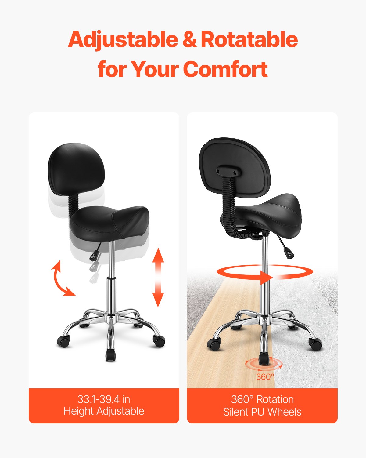 Saddle Stool With Back Support And Wheels, 450 LBS Weight Capacity Ergonomic Rolling Stool, Height Adjustable Thickened PU Leather Swivel Saddle Chair For Salon, Spa, Massage, Tattoo, Black — image 4