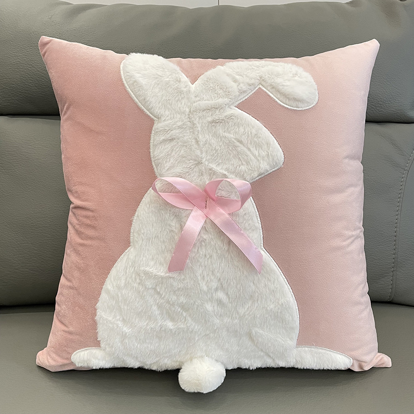 Soft Rabbit Pillow Cover Sofa Cushion Velvet Embroidered Pillow Girl's Heart Pink Cartoon Pillow Cover Cute — image 4
