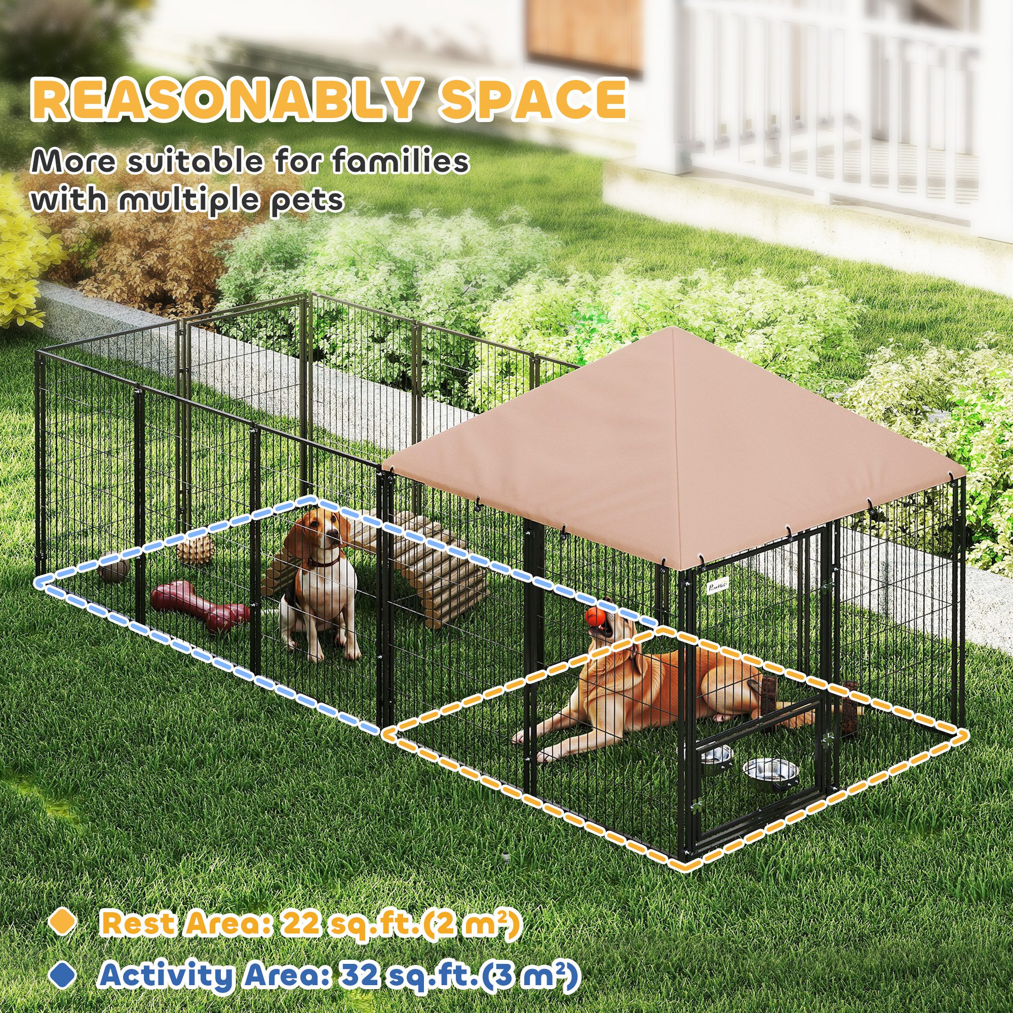 Large Outdoor Dog Kennel with Rotating & Adjustable Height Bowls, Waterproof & UV-Resistant Canopy, 11.3' x 4.7' x 5.1' — image 5