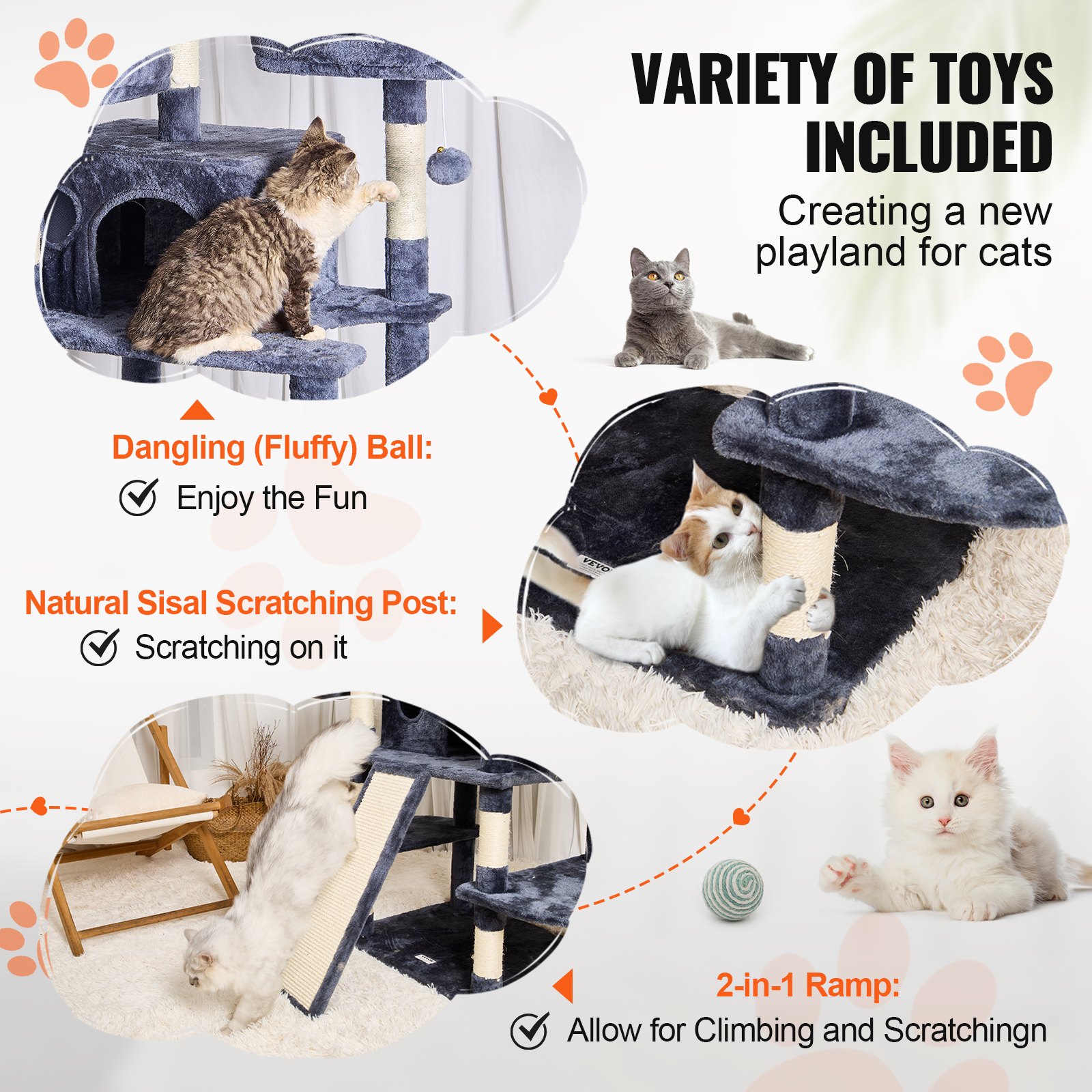 Árbol para Gatos de Interior, 68,5" Torre para Gatos con 2 Condos, Palo de Escarificar de Sisal, Hamacas, Perchas Superiores y Plataformas de Salto, Centro de Actividad para Gatos con Pelotas Colgantes, Gris Oscuro — imagen 5
