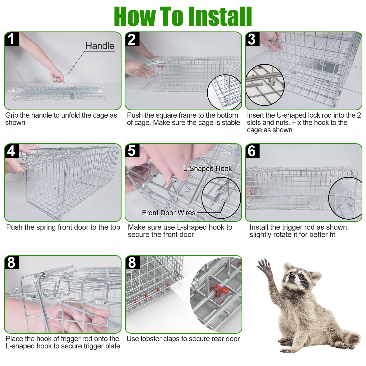 Humane Cat Trap Cage With Waterproof Cover Gloves Catch Release Live Animal Rodent Cage Collapsible Galvanized Wire For Raccoons Beavers Groundhogs Foxes Armadillos — imagen 4
