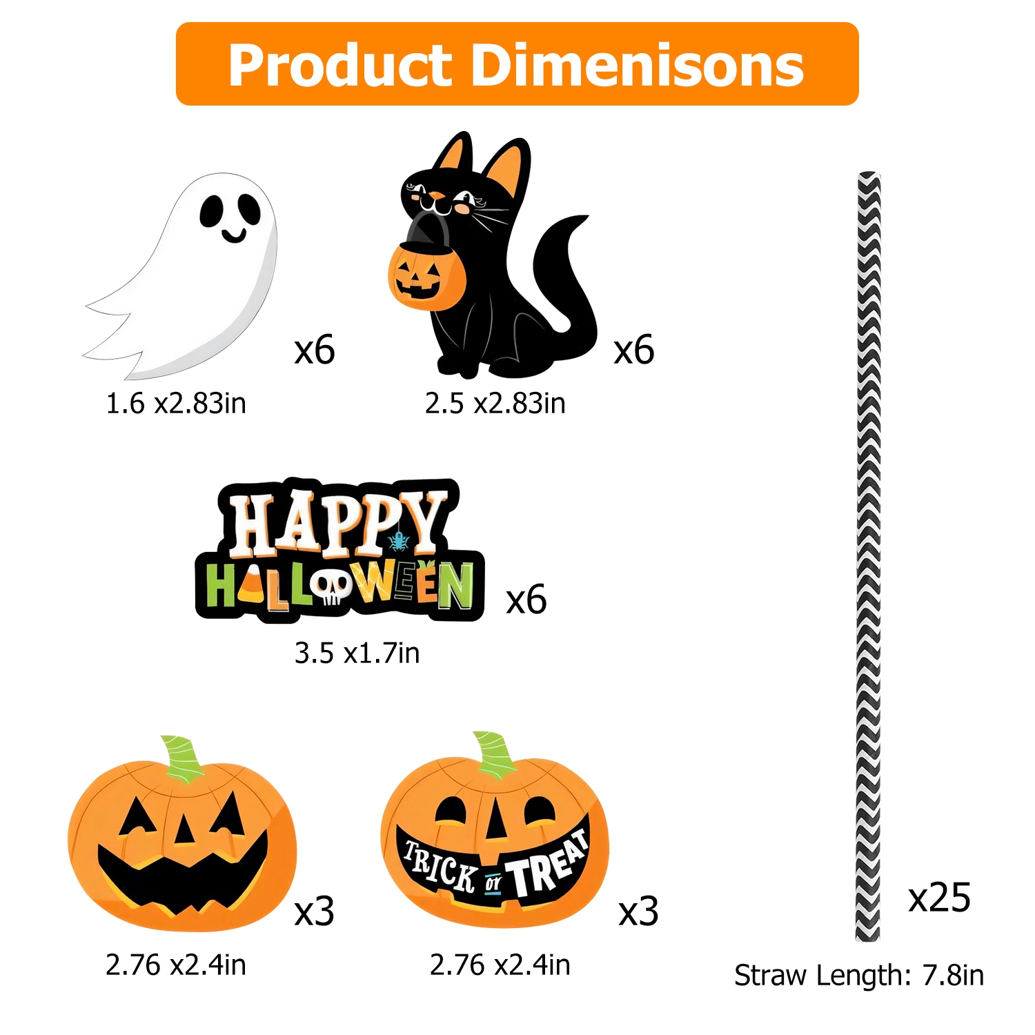 Set Of 25Pcs Halloween Party Striped Decorative Straws Disposable Drinking Straws Paper Straw Decor Happy Halloween Ghost Lantern Black Cat Halloween Party Supplies — image 9