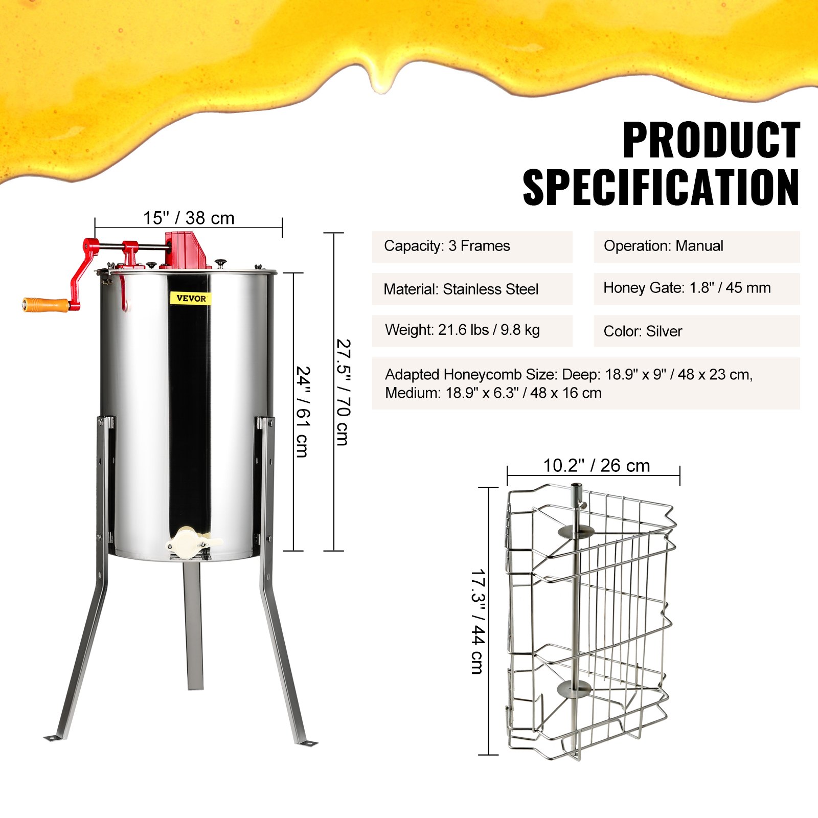 VEVOR Manual Honey Extractor, 3 Frames Honey Spinner Extractor, Stainless Steel Beekeeping Extraction, Honeycomb Drum Spinner With Lid, Apiary Centrifuge Equipment With Height Adjustable Stand — image 3
