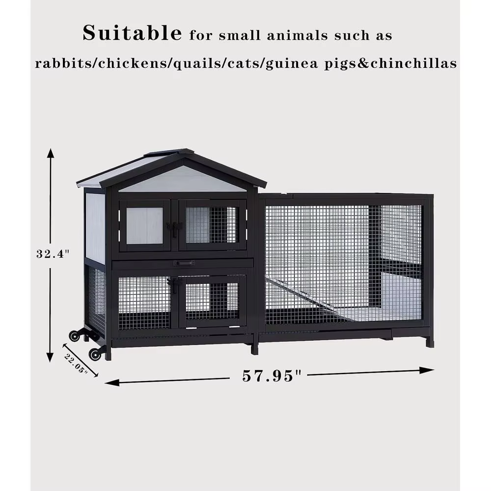 Caja para Conejos 58" Cárcel de Conejos Exterior e Interior Coop de Pollos para Conejos y Guinea Pigs con Ruedas con 3 Rejillas Profundas Sin Derrames Retirables — imagen 2