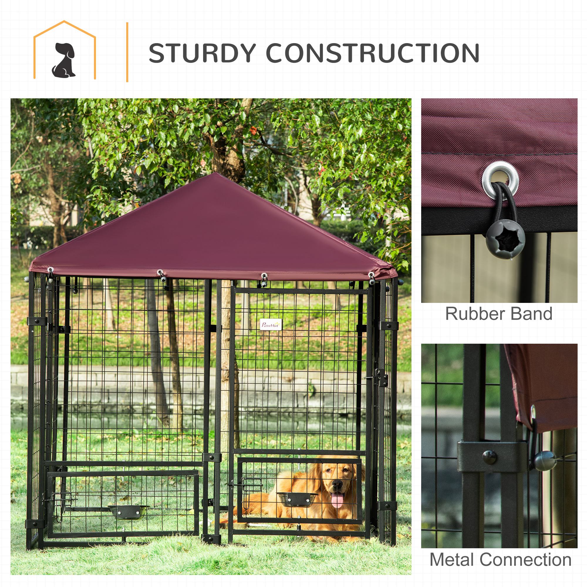 Casa de Perro Exterior con Soportes Giratorios para Comida, Corral para Mascotas con Cubierta Impermeable, 4.6 x 4.6 x 5, Rojo — imagen 3