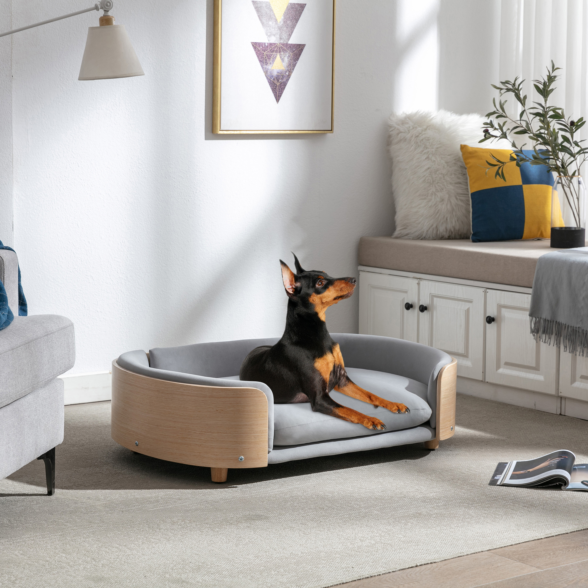 Scandinavian style Elevated Dog Bed Pet Sofa With Solid Wood legs and Bent Wood Back, Velvet Cushion, Large Size — image 8