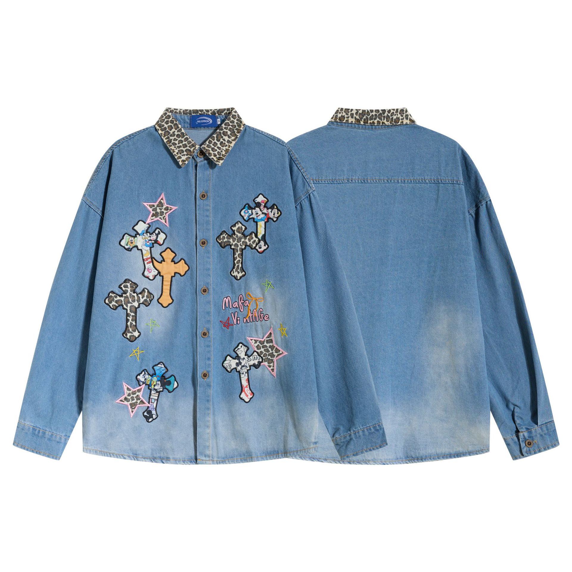 Long Sleeve Leopard Print Collar Star Patch Embroidery Distressed Denim Shirt — image 5