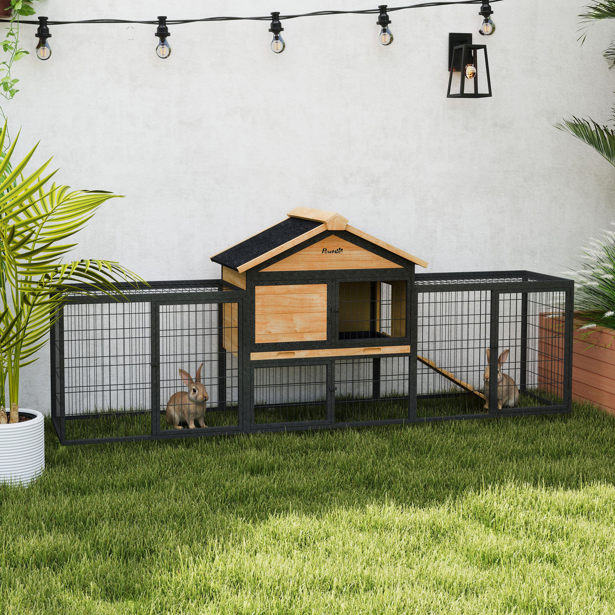 Casa para Conejos de Madera Exterior, 85" Gran Caja para Conejos con Corral de Acero, Plato Removible y Techo de Asfalto — imagen 1