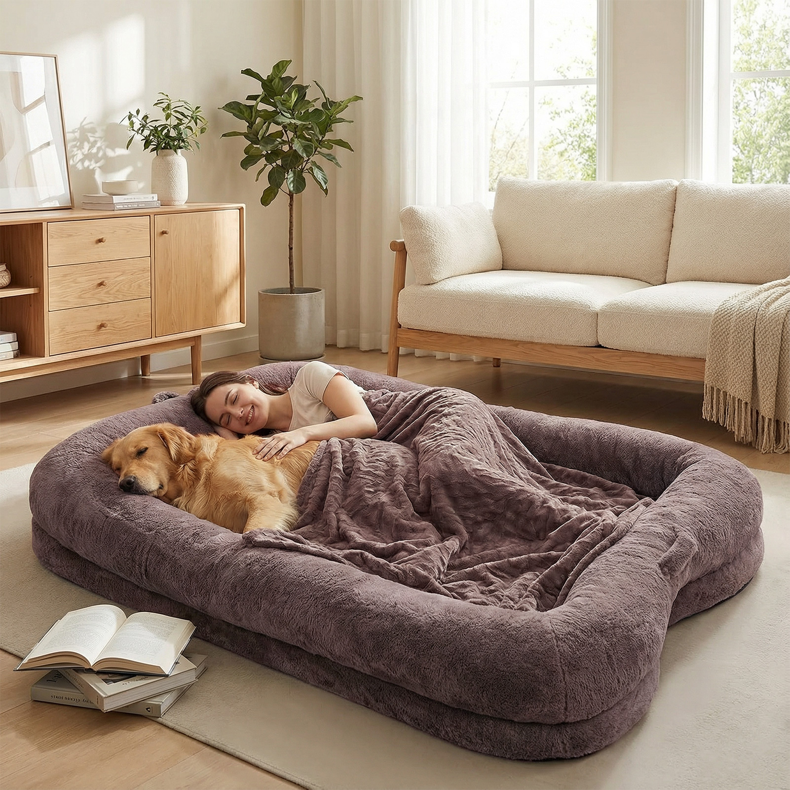 Human Dog Bed Washable Large Size Non Slip Bottom Comfortable Plush Giant Size Dog Bed With Blanket And Pocket For Home — image 4