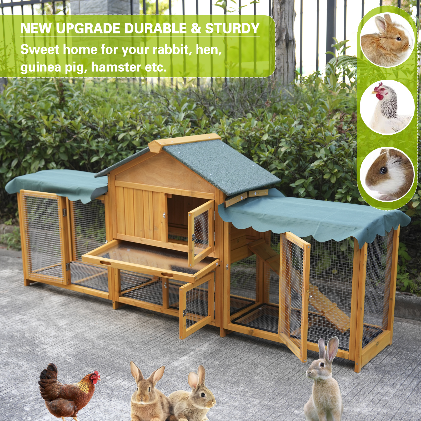 Habitación de Conejo en Madera Grande Exterior Fácil de Montar y Estable para Conejos Pequeños y Medianos con Caja de Limpieza & Techo Impermeable, Cubierta Removible y Protección Solar — imagen 3