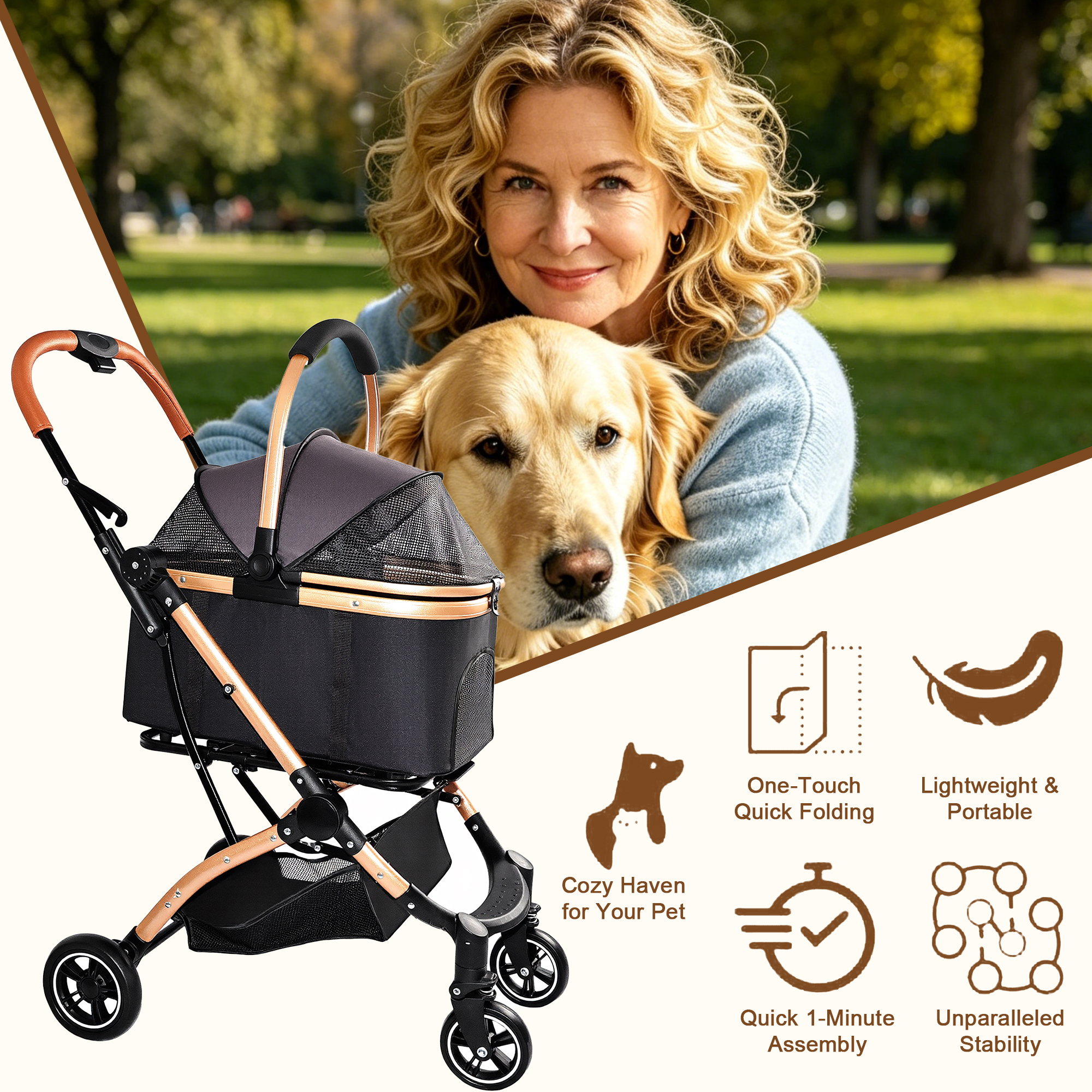Pet Stroller for Dogs and Cats, 2-in-1 Detachable Foldable 4 Wheels Pet Stroller, Quick One-Hand Fold, Storage Basket, Detachable Carry Basket with Sun Canopy(Black+Gold) — image 9