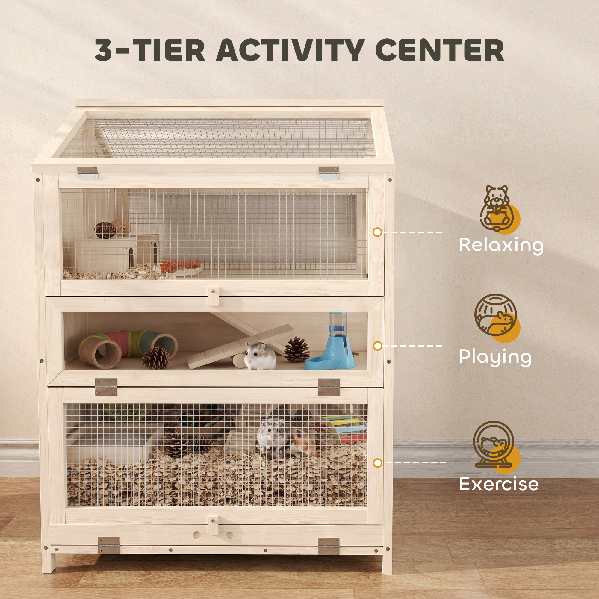 Caja de Madera para Hámsters Grande, 3 Niveles con Caja Retirable y Parte Superior Abatible, 26.8"L x 24.2"W x 35.4"H — imagen 2