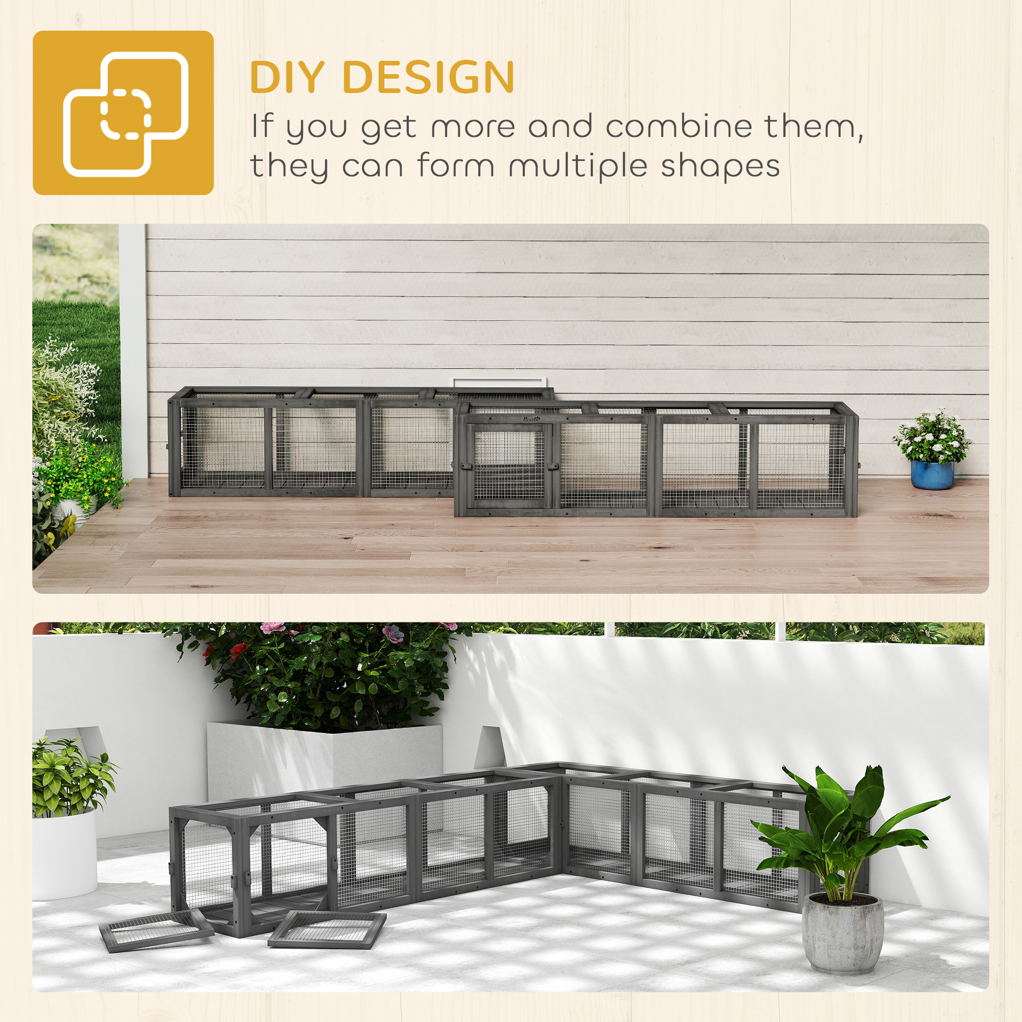 Outdoor Cat Tunnel, 59" Wooden Play Cat Enclosure, Extendable Pet Run with 3 Doors for Kitty, Puppy, Gray — image 8