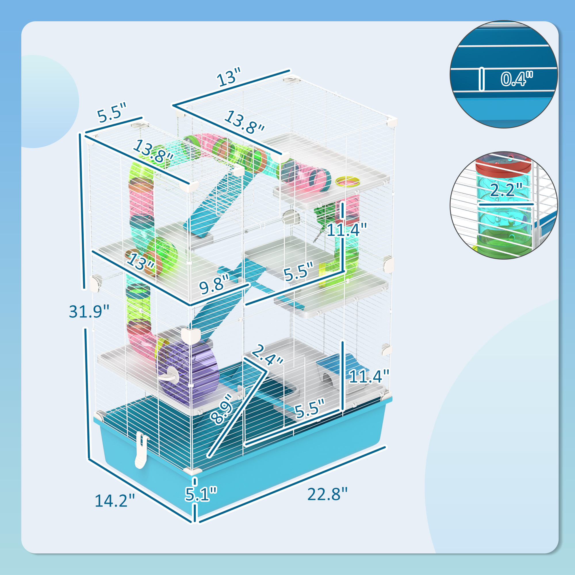 6 Tier Hamster Cage with Tubes and Tunnels, Hut, Wheel, Food Dish, Water Bottle, Ramps, for Dwarf & Gerbil, Light Blue — image 6