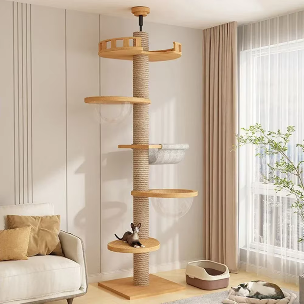 Cats Tree Floor Solid Wooden Pets Furniture Climbing Multifunction Kitten Trees Tower Adjustable Multilayer Cat Climbing Frame — image 1