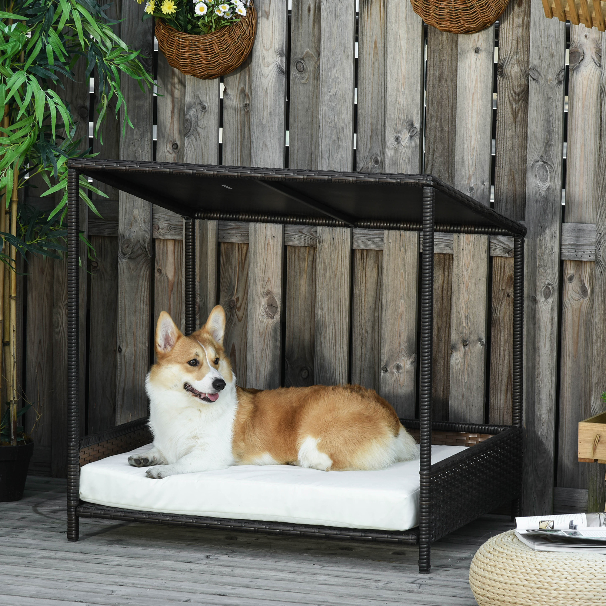 Wicker Dog House Raised Rattan Puppy Bed Cat Shelter For Indoor Outdoor Garden Patio Pet Sofa With Removable Cushion For Medium Sized Pet Brown — imagen 1