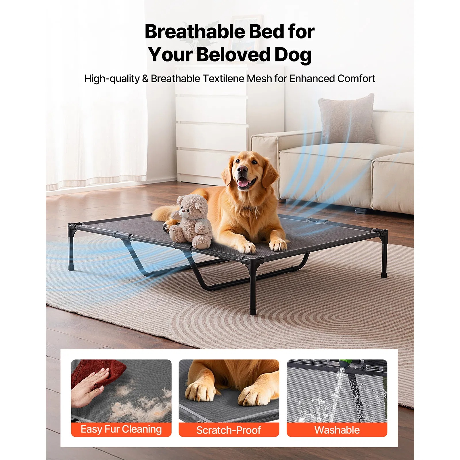 Elevated Dog Bed For Large Dogs XL, Raised Dog Cot With Heavy Duty Steel Frame, Breathable Teslin Mesh Cooling Dog Bed, Indoor & Outdoor Portable Hammock Pet Bed, Grey — image 6