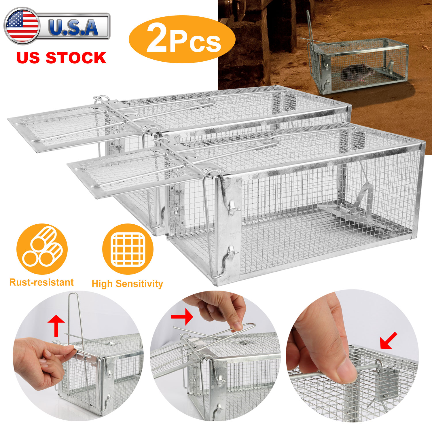 Opciones de Paquete de 2 o 1 Jaula Trampa Para Ratas, Jaula Trampa Humanitaria Para Roedores Vivos de Hierro Galvanizado, Control de Ratones con Cebo y Varilla en U Desmontable — imagen 1