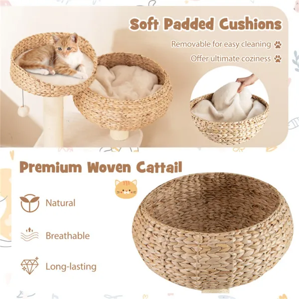 Árbol de Gatos tejido a mano con juncos de Hyacinth acuática, 3 postes de sisal para rascar centros de actividad multi-nivel para gatos - Blanco — imagen 4