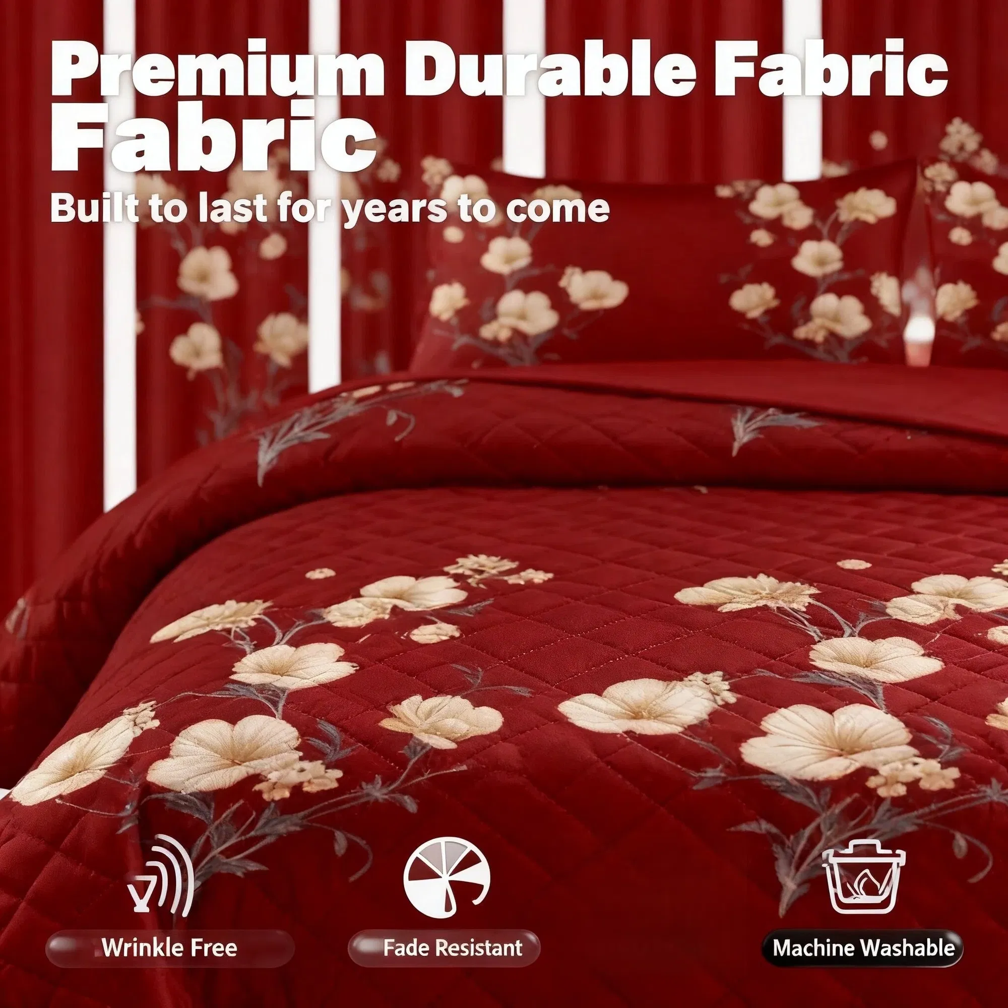 9-Piece Burgundy Red Floral Bedding & Curtain Combo Set, Elegant Wine Red Quilted Bedspread with 6 Light Filtering Window Panels & 2 Shams, Easy Care Microfiber Coverlet, Pet Friendly — image 20