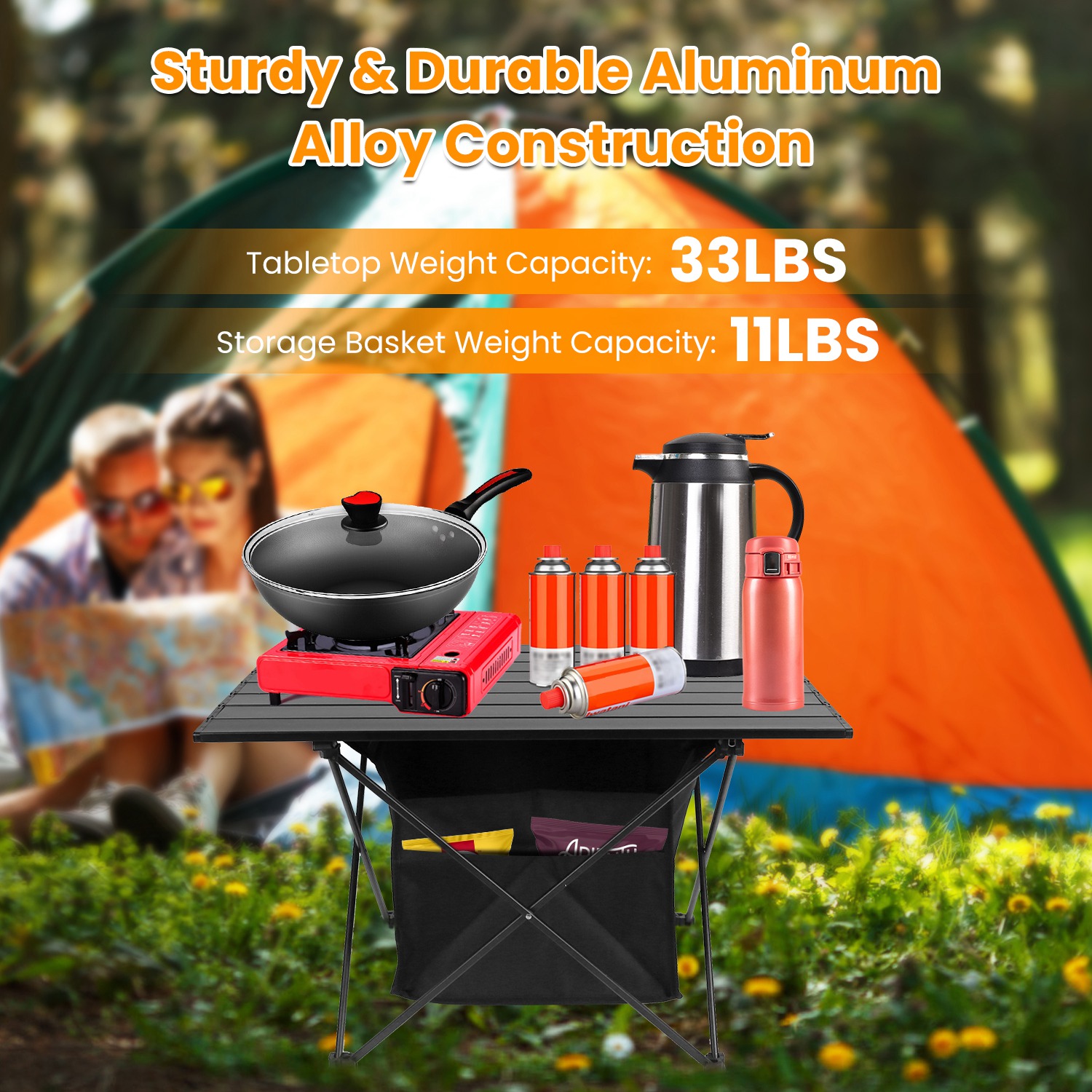 Mesa de Acampada Plegable con Cesta de Almacenamiento Resistente a la Rueda, Materiales de Aluminio Leve y Portátiles para Acampadas, Excursiones, Pícnic y Pesca con Bolsa de Transporte Envío Fedex — imagen 2