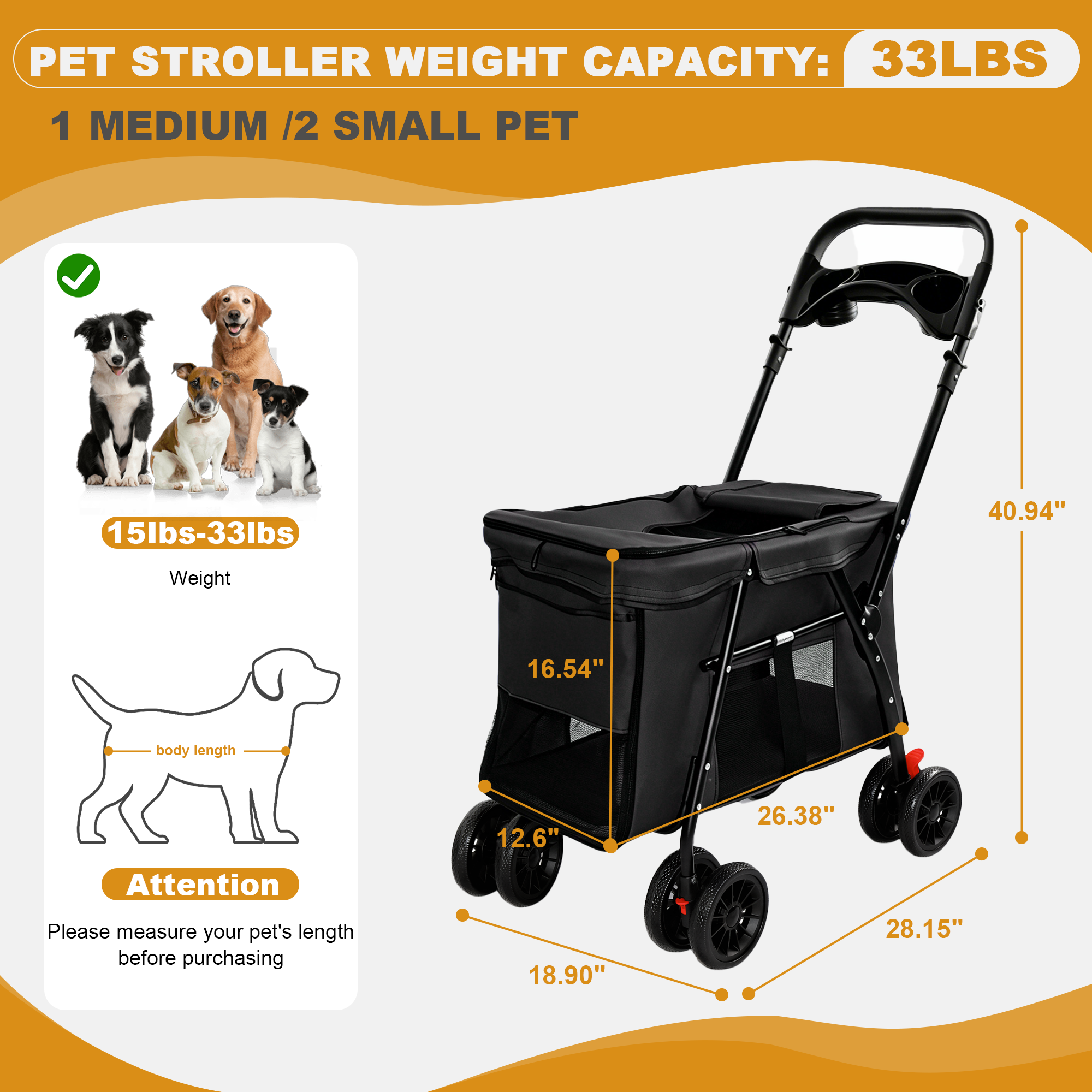 Carril de Mascotas Plegable 4-Ruedas, Malla Respirable para Perros y Gatos con Ruedas de Choque, Sistema de Freno, Plataforma de Almacenamiento, 2 Correas de Seguridad Fijas, Espacio Amplio para Pequeños a Medianos Animales, Negro — imagen 2