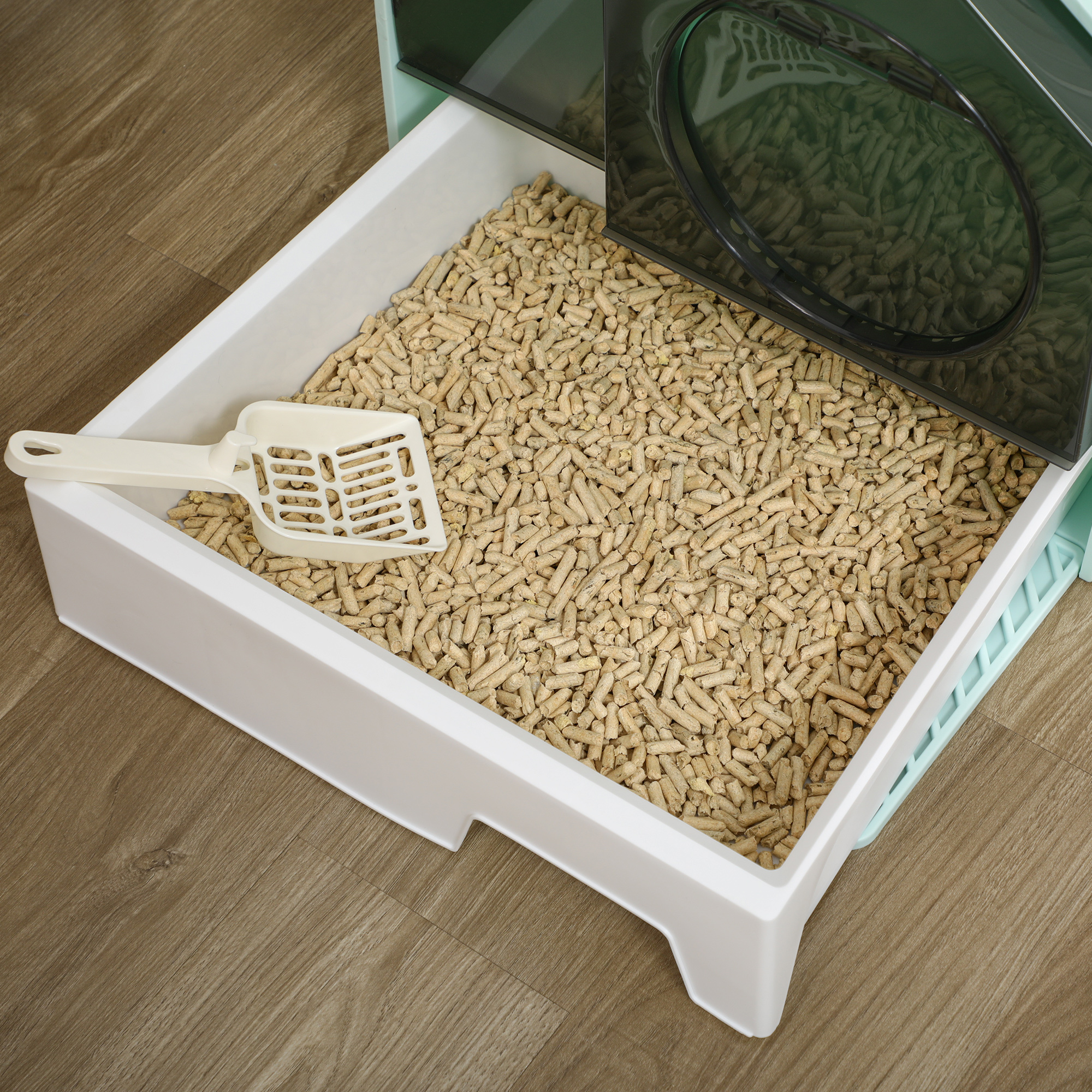 Hooded Cat Litter Box w/ Litter Mat, Litter Particle Catching, Light Blue — image 5