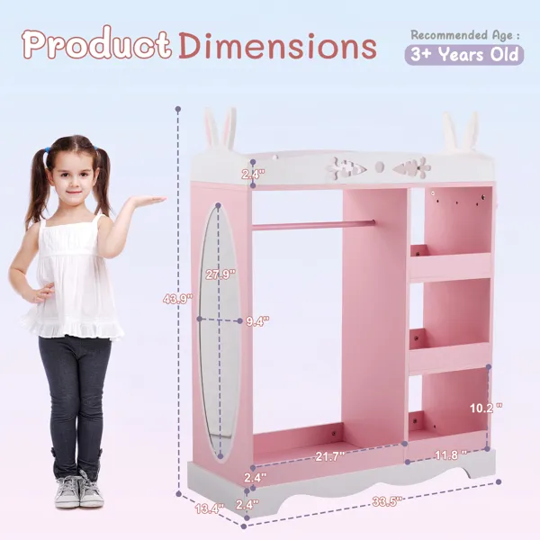 Armario de Niños Rosa con Diseño Orejas de Conejo; MDF + Partículas de Madera, 1 Espejo, 3 Estantes y 1 Percha para Ropa — imagen 3