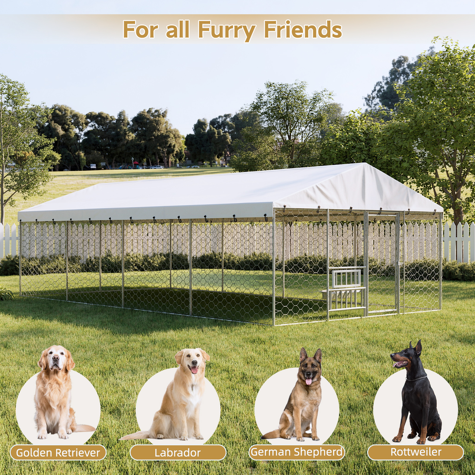 Large Outdoor Dog Kennel with Canopy, Heavy Duty Galvanized Steel Frame, Waterproof Cover, Built-in Elevated Feeding Bowls, Escape-Proof Lockable Pet Playpen for Large Dogs & Multiple Animal — image 4