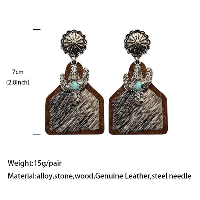 Vintage Western Earrings Bohemian Genuine Leather Cowhide Horse Hair Cow Brand Fashion Panel Earrings — image 4