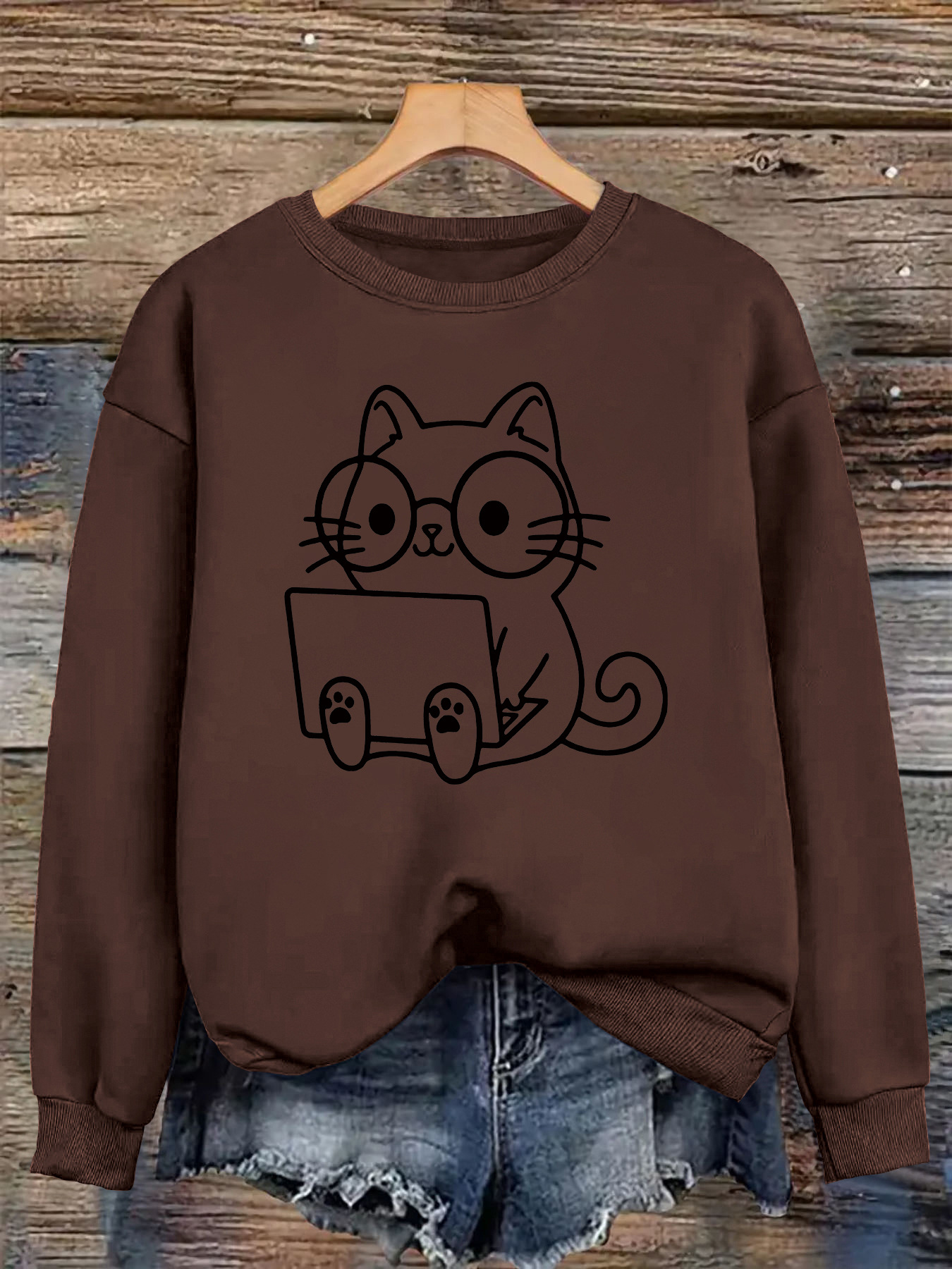 Loose velvet cartoon cat print hoodie — image 9