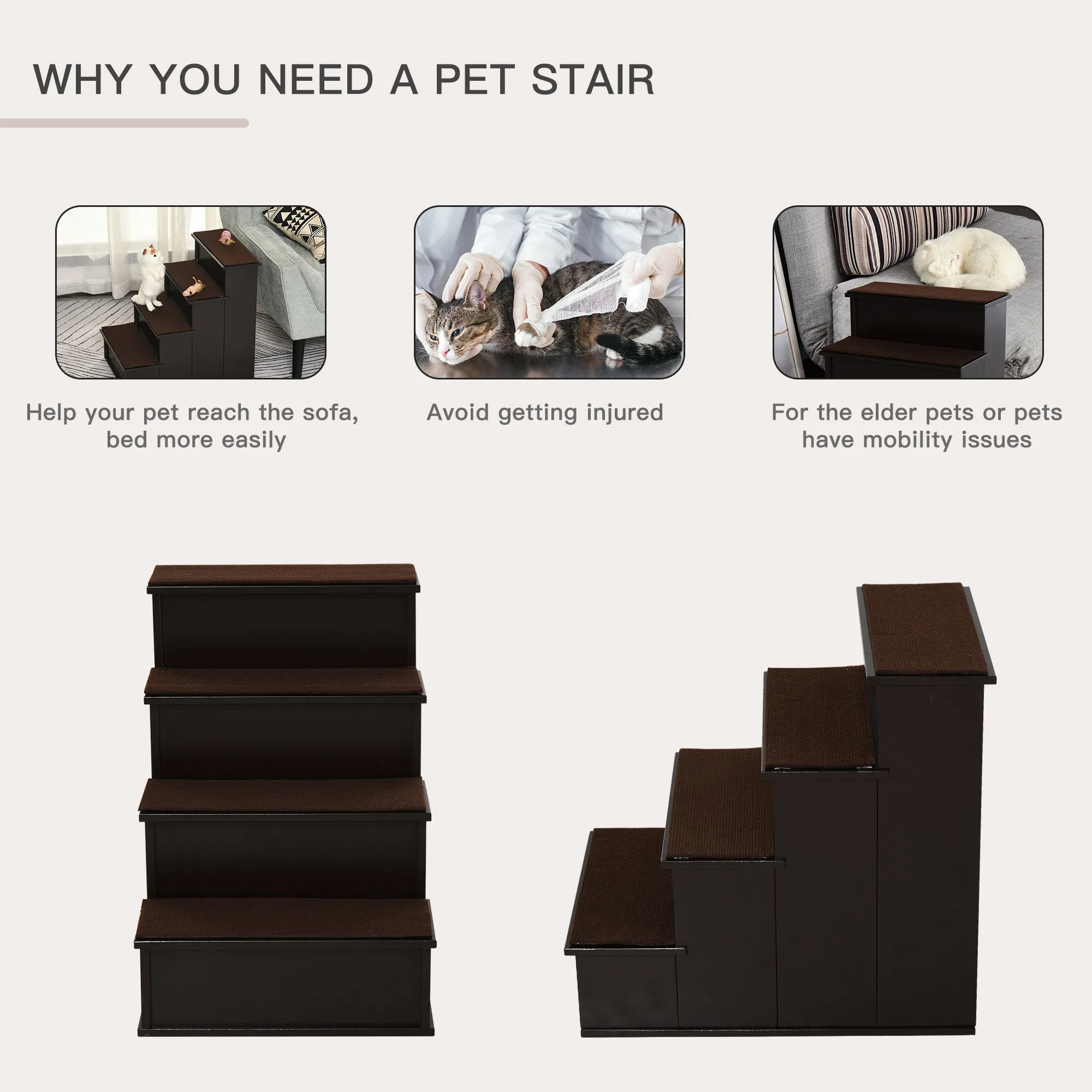 4 Levels Wooden Dog Steps Pet Stairs for High Bed, Cat Ladder for Bed Couch with Non-Slip Carpet, Dark Coffee — image 6