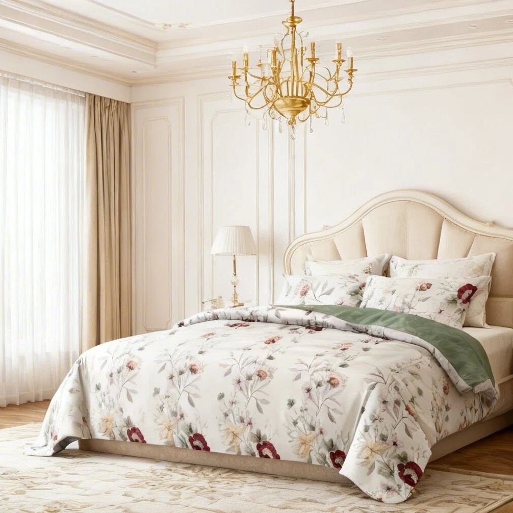 Juego de Edredón y Cortinas Room In A Bag de 9 Piezas, Colcha Gruesa con Estampado Botánico Floral Verde Salvia de Diseñador de EE. UU. con 6 Paneles de Cortina Personalizables, Cubrecama de Alto GSM Apto para Mascotas — imagen 9