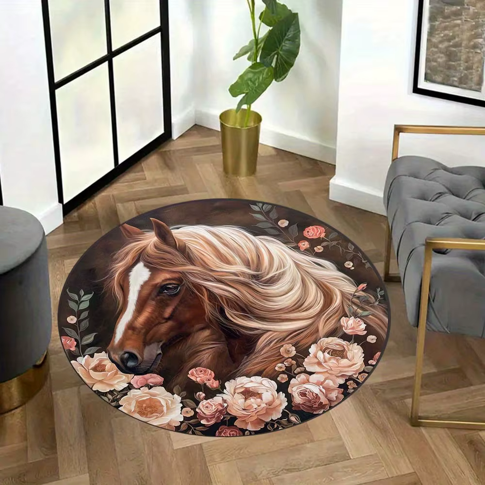 Flower and Horse Pattern Round Area Rug, Non Slip Decorative Floor Mat for Living Room and Bedroom, Ideal Home Decor Gift — image 2