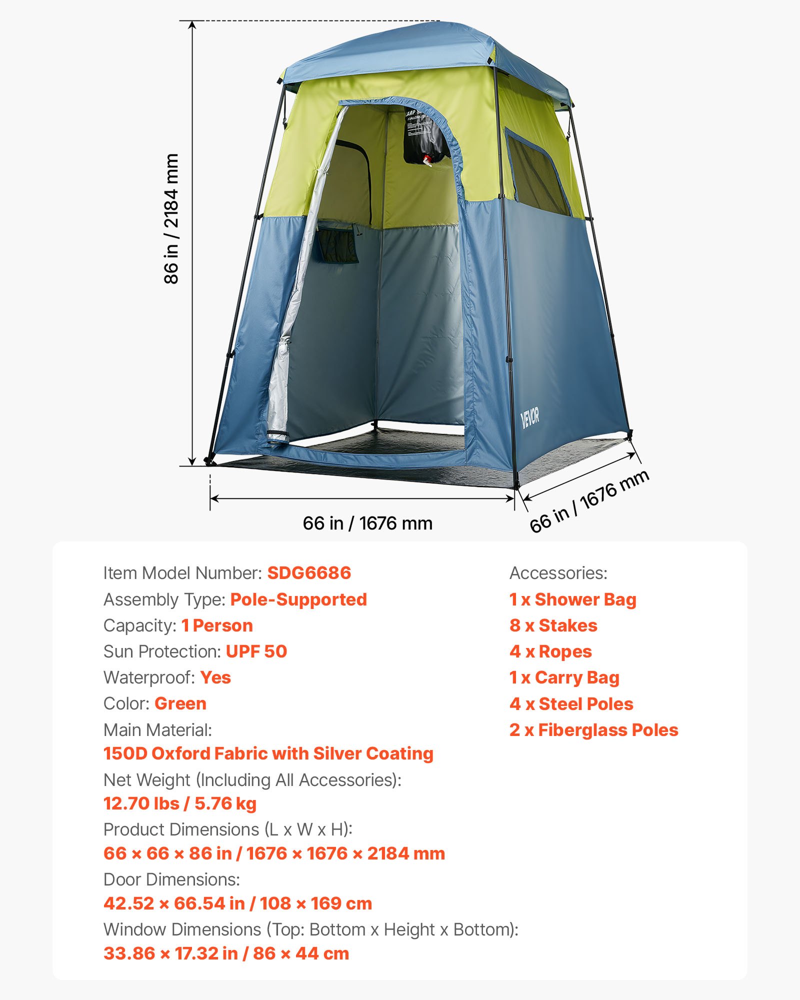 Camping Shower Tent, 1 Room, Portable Privacy Tent Changing Room With Shower Bag, Ground Stakes, Ropes, Carry Bag, And Support Poles, 150D Oxford Fabric With Silver Coating, For Camping, Fishing — imagen 1