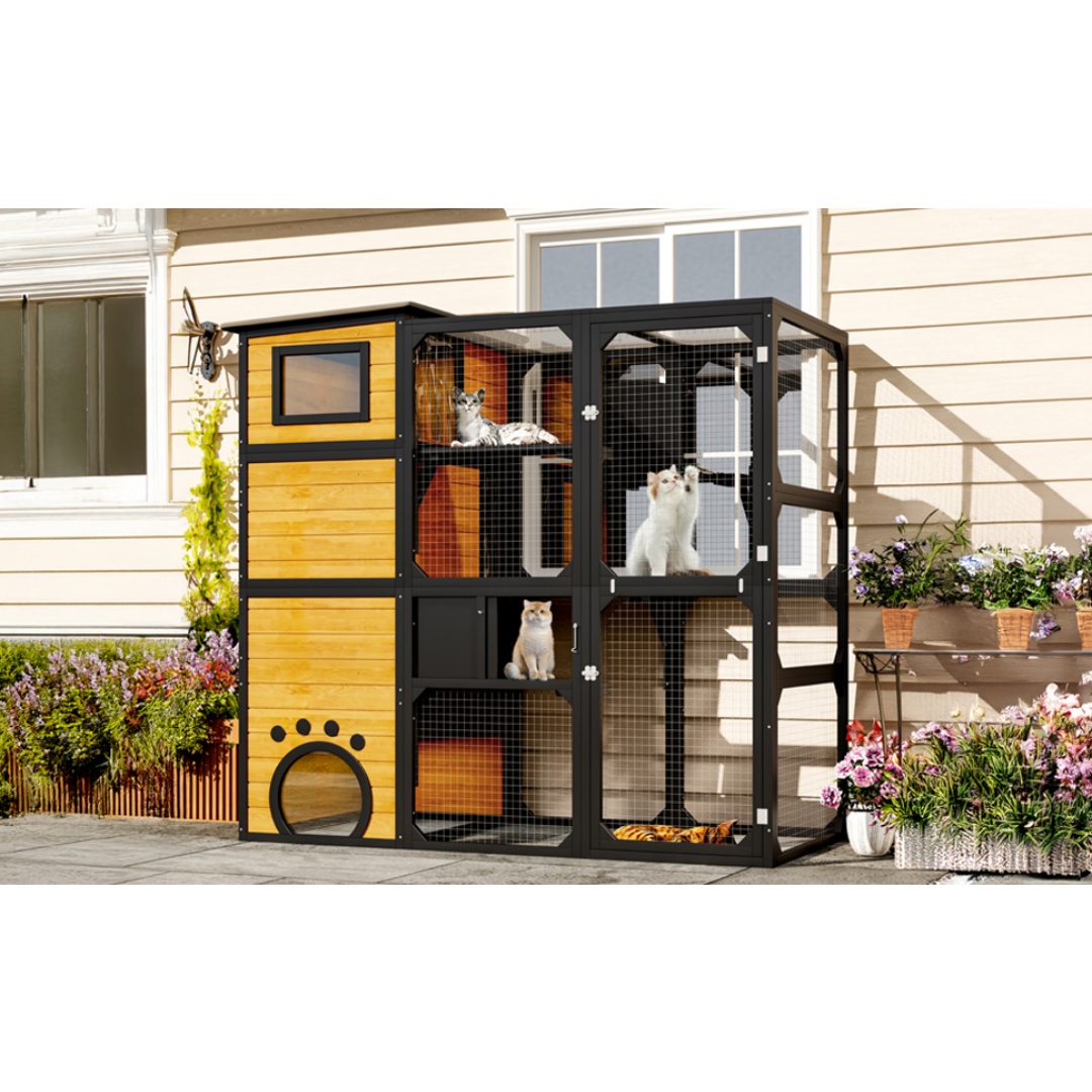 GO Large Cat Catio 4 Tiers Cat Enclosure For Outdoor, Cat House Weatherproof Attached To Window For Multiple Cats With Platforms And Resting Rooms, Brown — image 7
