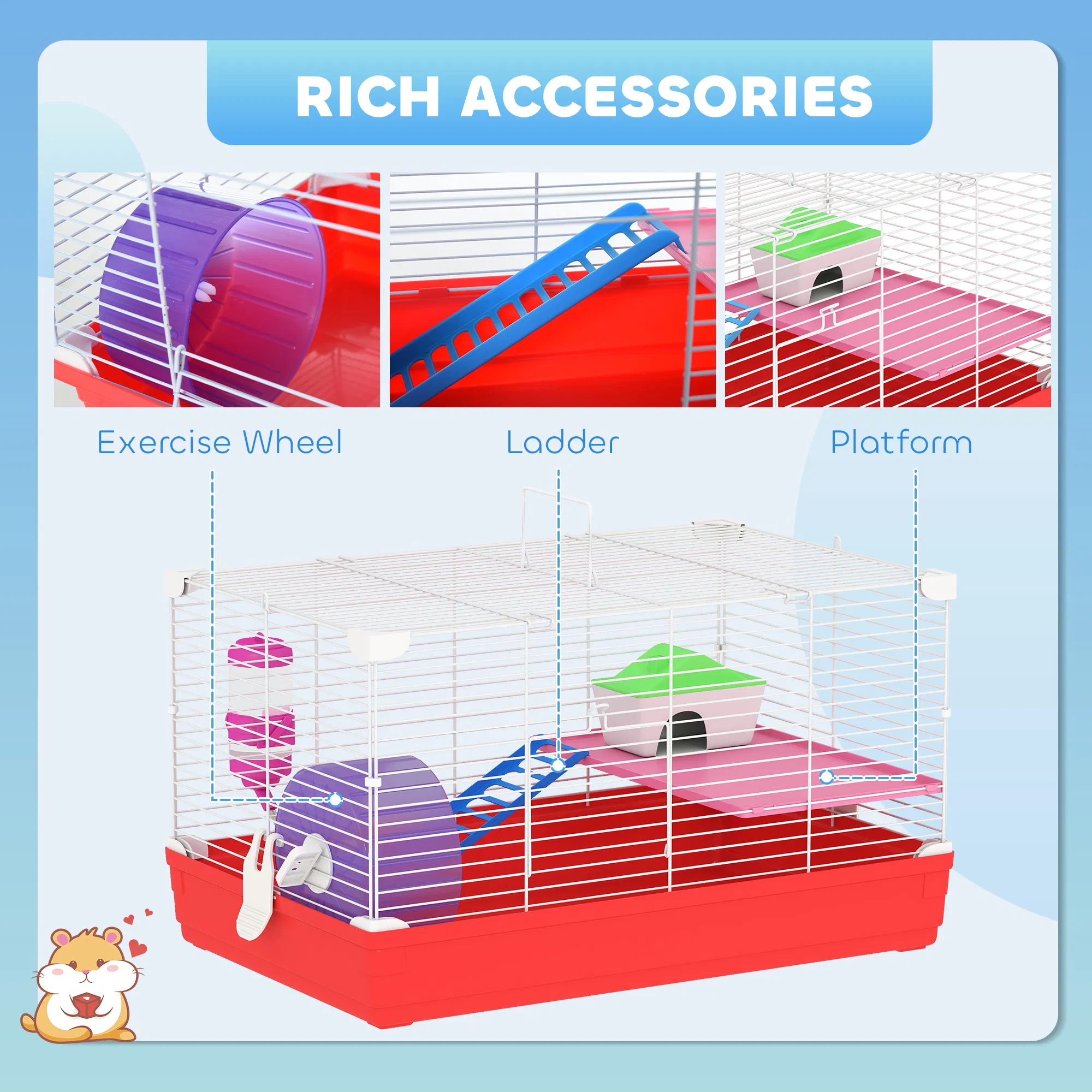 18.5'' Hamster Cage with Exercise Wheel and Water Bottle Dishes, Rat House and Habitats 2 Storey Design, Red — image 3