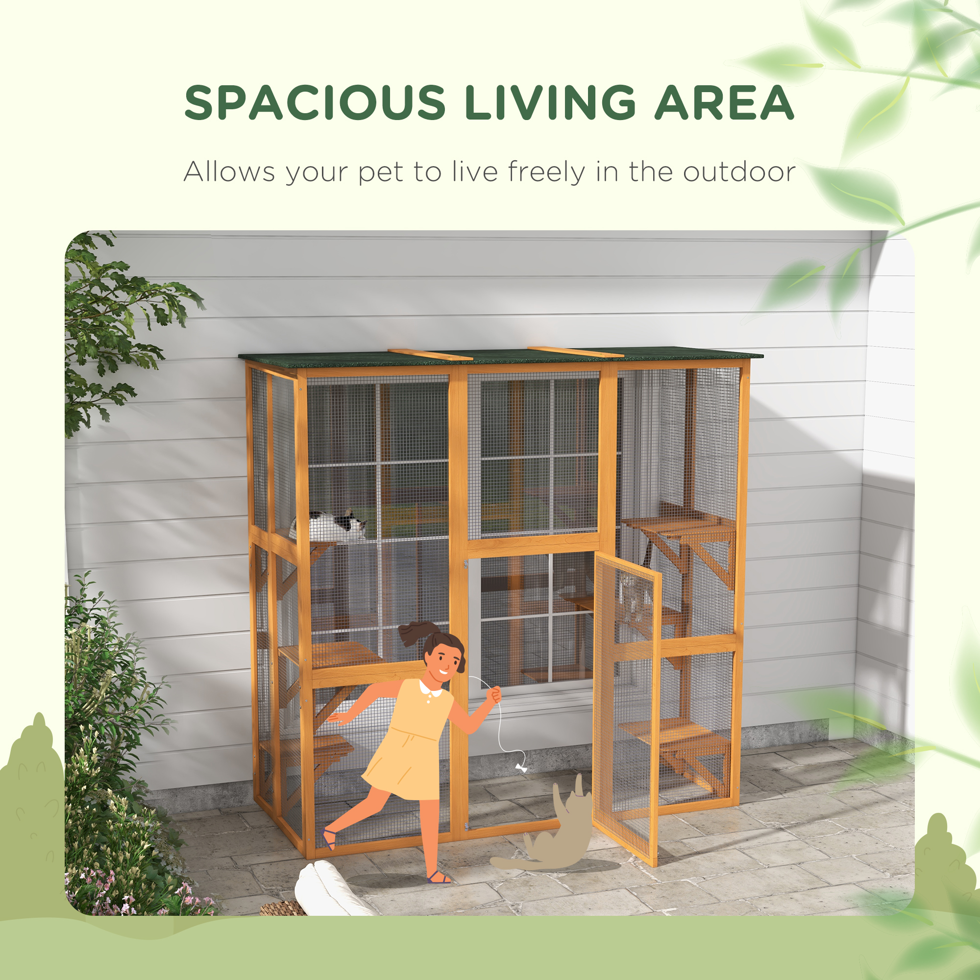 Casa de Jardín para Gatos Exteriores con Gran Patio, Refugio para Félidos en Madera con Techo de Asfalto Impermeable y 6 Alturas — imagen 7