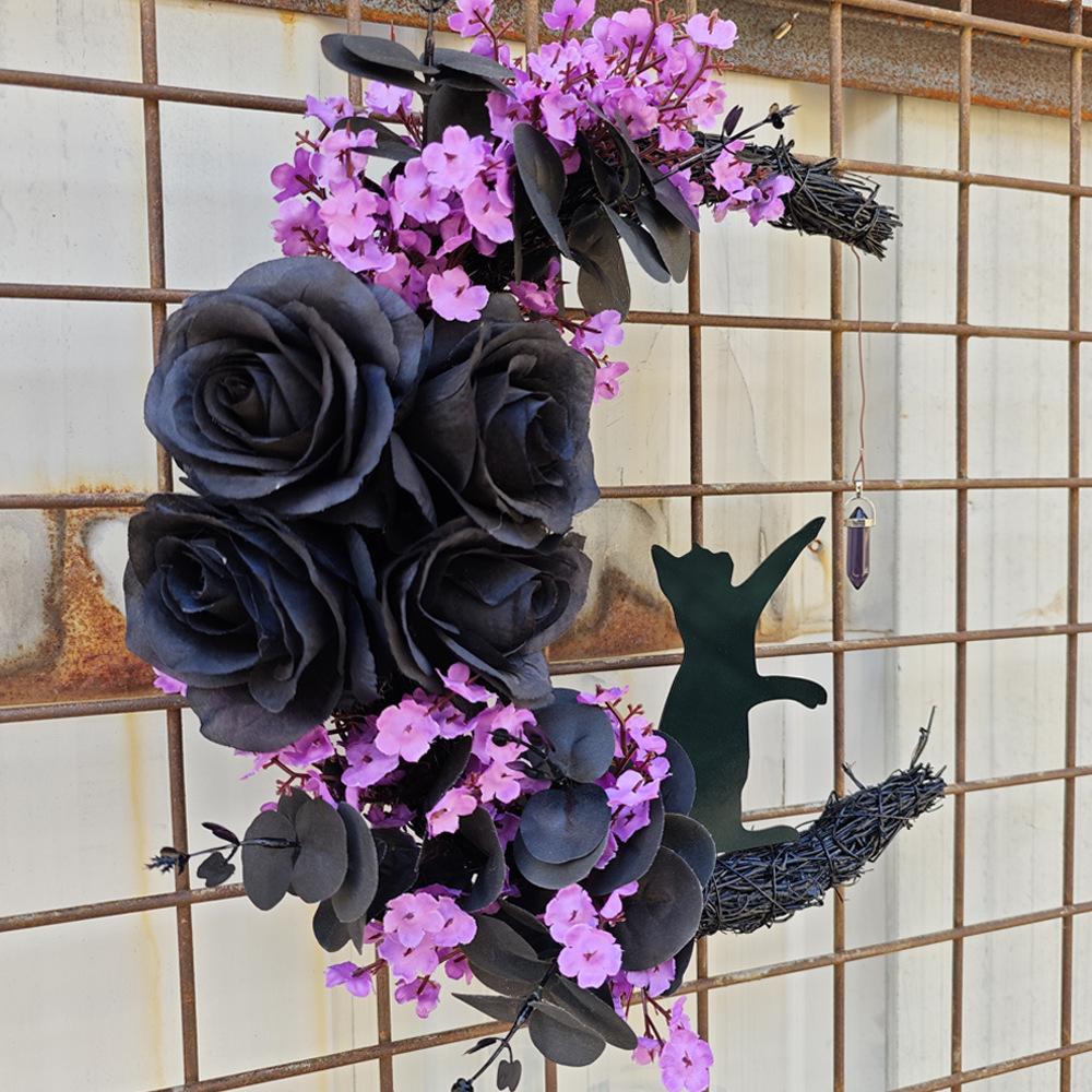 Halloween Moon Cat Wreath Decoration LED Black Rose Dry Branch Artificial Vine Circle Ornament Props — image 3